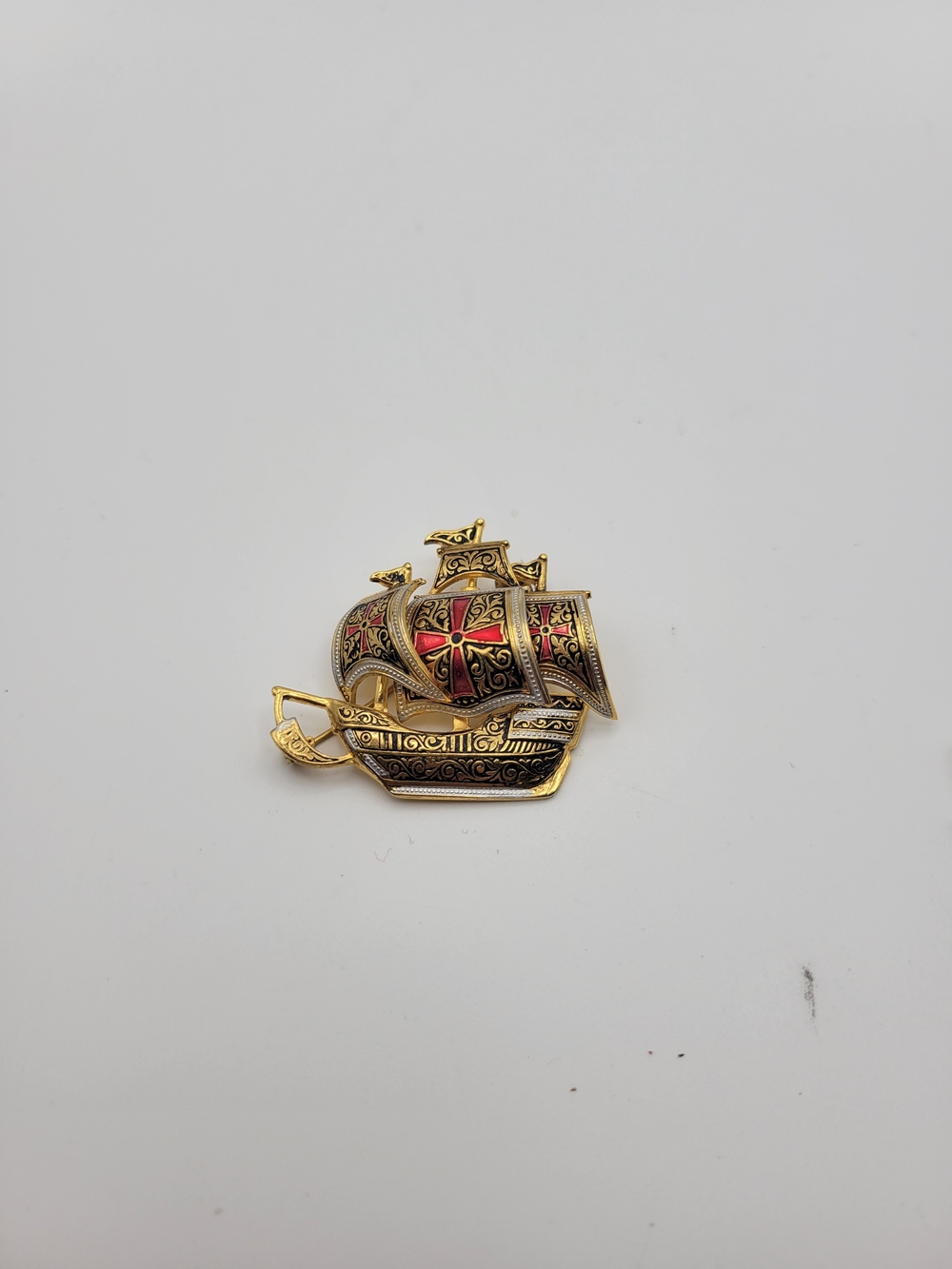 Vintage Damascene Spain Galleon Sail Boat Ship Brooch